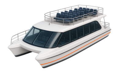 Twin-hull passenger catamaran with large panoramic windows and upper deck seating