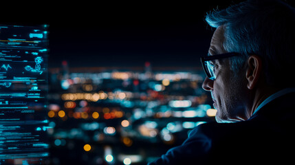 Senior executive observing a smart city at night through an interactive digital interface, representing global data analytics and future technology for business media.