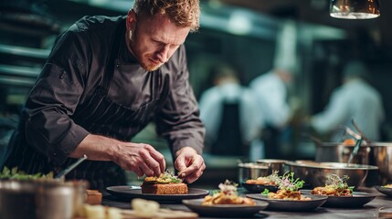 Professional kitchen scene with chef focused on arranging food beautifully 