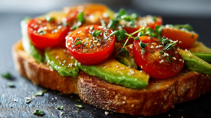 Avocado toast with cherry tomatoes and crest salad leaves and seeds. Closed up side view of healthy vegetarian meal.. 