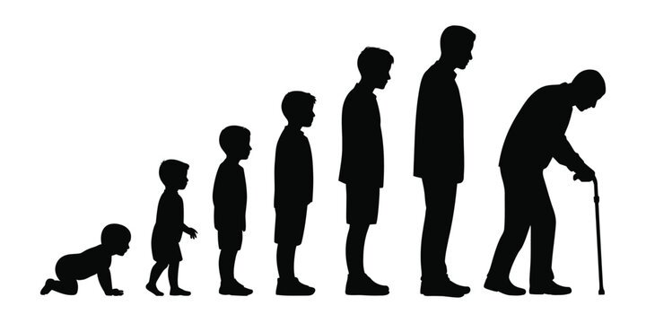 Silhouetted progression of human life stages from baby to elderly, showcasing growth, aging, and development in minimal conceptual design