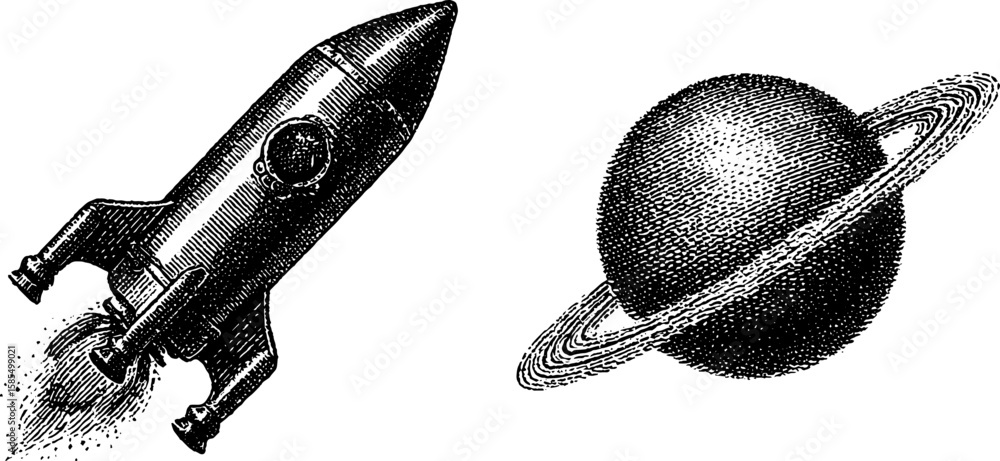 Poster retro space exploration theme with engraved rocket and planet design for print