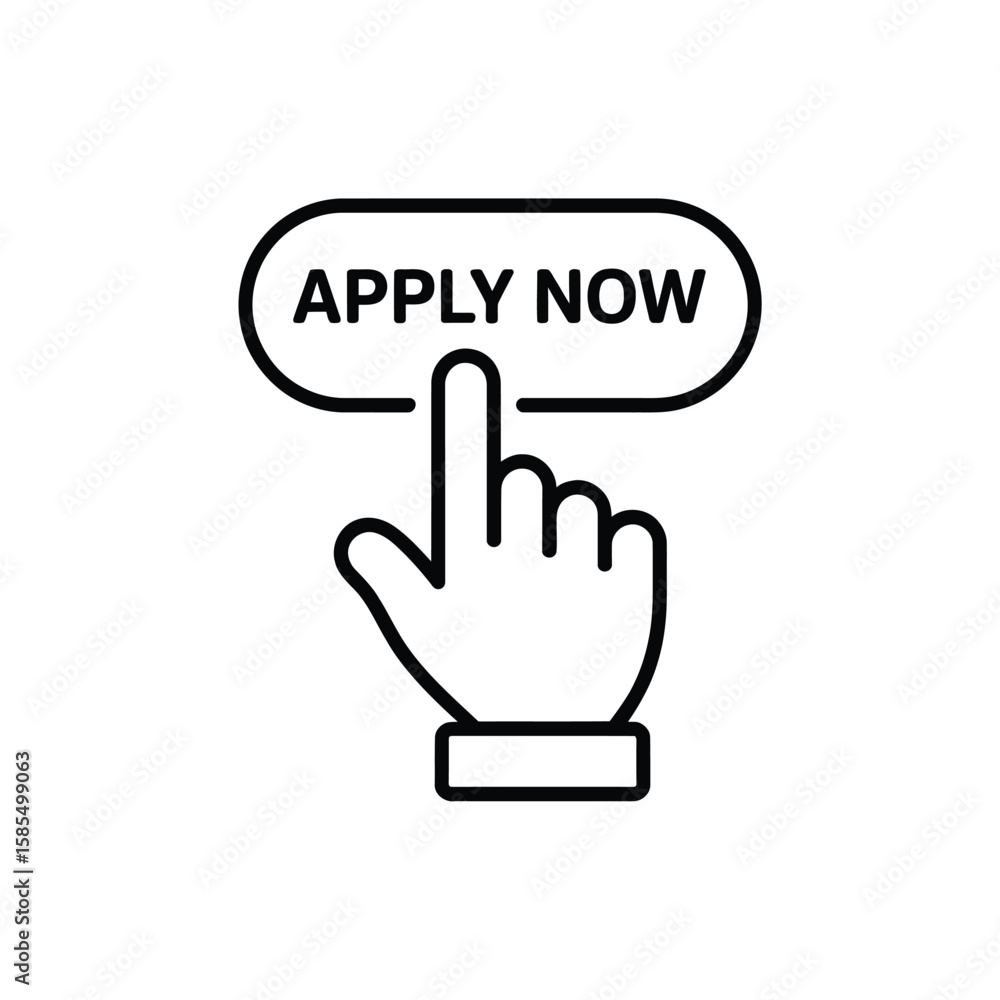 Poster apply now button with hand cursor icon in black outline