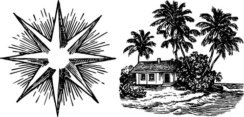 Retro roadside motel and nautical star engraved illustrations for vintage design