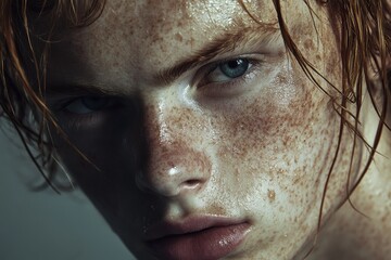 Intense close-up of young caucasian male with freckled skin