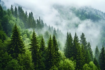 Obraz premium The black forest, or Schwarzwald, in Germany boasts a breathtaking panorama of mystical forest trees rising through an amazing fog, evoking a dark mood