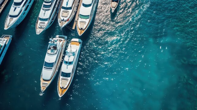 
Luxury yacht cruising on Miamis coastline. Aerial view of yachts docked in Miami marina. Miami skyline yachts. Miami Beach with yacht in bay. Summer vacation in Miami. Yachts in South Pointe Marina