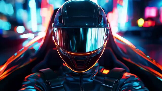 Racer sits in a sleek racing car adorned with vibrant lights, accelerating on a futuristic track