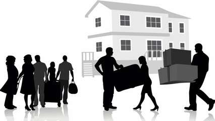 Fototapeta premium Silhouette of family moving into a new house with boxes and luggage on a white background scene view