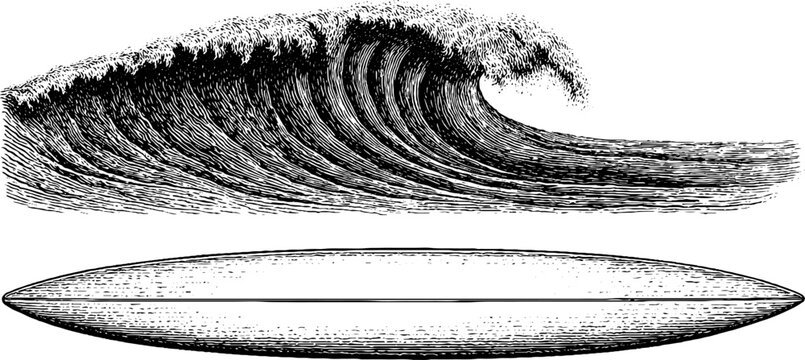 Vintage surfing scene with engraved wave and surfboard design for print