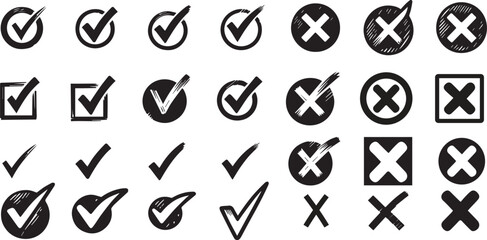 Check tick mark icon set. Cross box x check mark checkbox v list vector draw hand drawn sketch doodle brush marker checklist symbol wrong right circle. Vector Illustration 