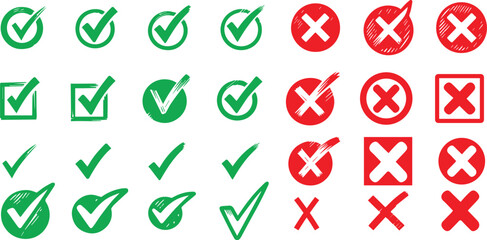 Check tick mark icon set. Cross box x check mark checkbox v list vector draw hand drawn sketch doodle brush marker checklist symbol wrong right circle. Vector Illustration 