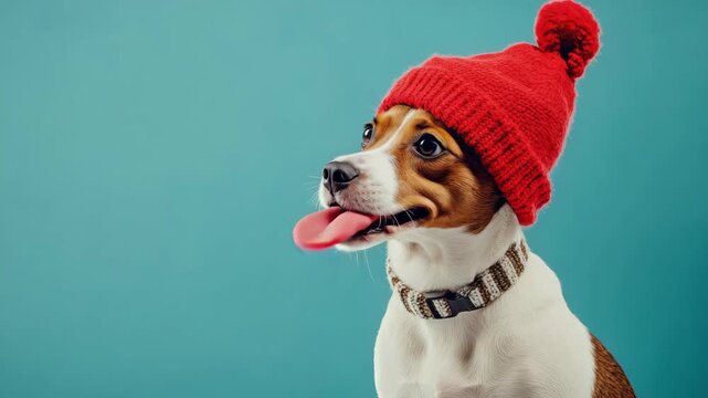 Dog wearing a bright red hat with pom pom in a colorful setting
