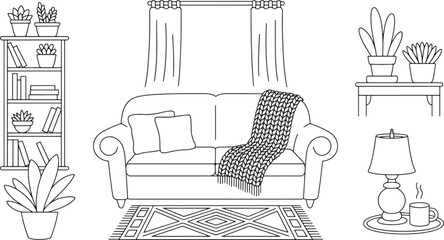Living Room Interior Furniture Sofa Bookshelf Lamp Table Plant Rug Curtain Home Decor Vector Line Art Illustration