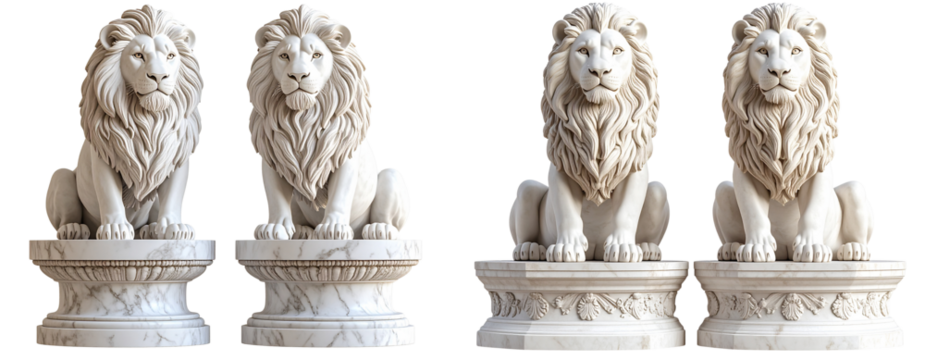 Pair of Sitting Marble Lions with Royal Pedestal Bases, Front-Facing Symmetry, isolated on transparent background - Powered by Adobe