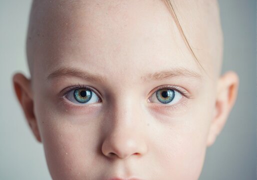 Close-up portrait of a bald child, one lock of hair falling on his forehead.