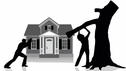 Fototapeta premium Silhouette of people pushing a tree away from a house with a gray roof and white door and window frames