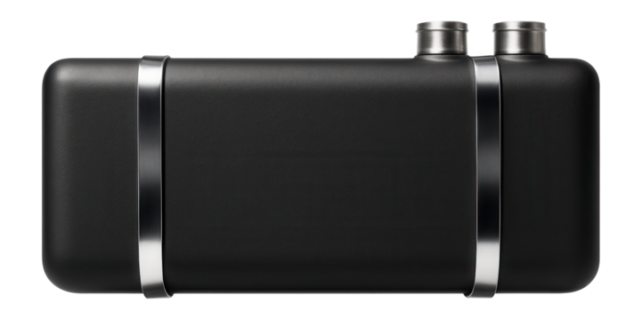 Flat black fuel tank with dual outlet ports and attached metal straps
