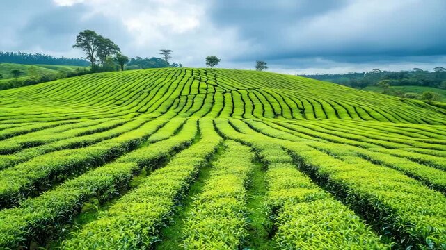 Green tea plantation rows cover rolling hills beneath a cloudy sky with trees scattered across the landscape and horizon