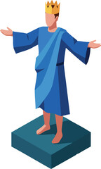 King character wearing blue robe and golden crown standing on pedestal vector illustration with open arms in welcoming pose