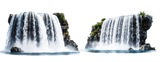 Realistic Waterfall Flow with Cascading Water and Mist, Side View, isolated on white background
