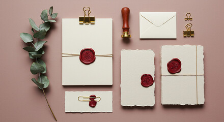 Elegant stationery with wax seals and eucalyptus branch on dusty rose background