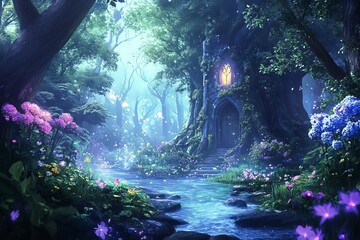 A magical forest filled with fantasy and fairytale elements is illuminated by a pathway of purple and cyan light, as depicted in a digital painting landscape