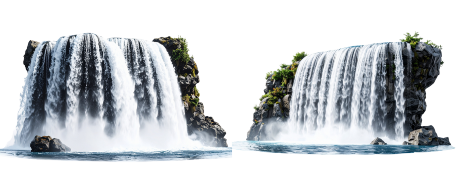 Realistic Waterfall Flow with Cascading Water and Mist, Side View, isolated on white background