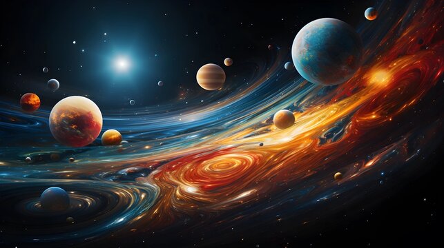 A stunning cosmic scene with planets, swirling nebulae, and radiant starlight.