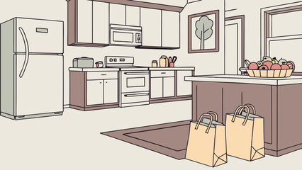 Cozy kitchen scene with refrigerator stove and shopping bags isolated on white background
