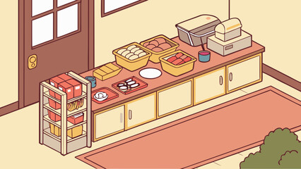 Buffet food service counter with various dishes and storage shelves isolated on white background