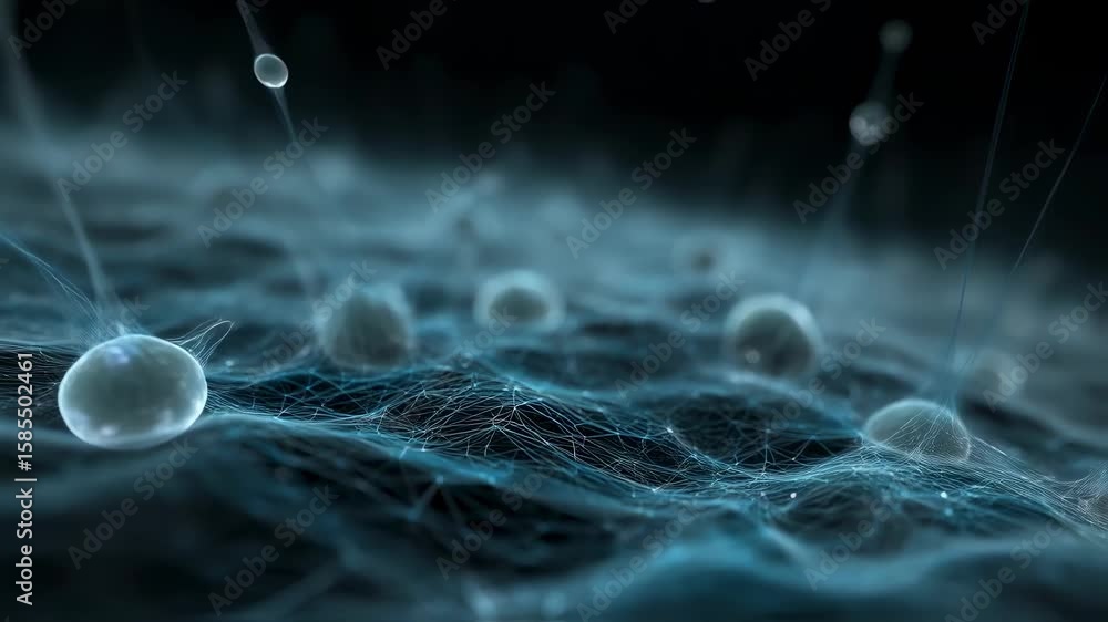 Poster complex network of interconnected neurons sending pulsating signals across a dark background, repres