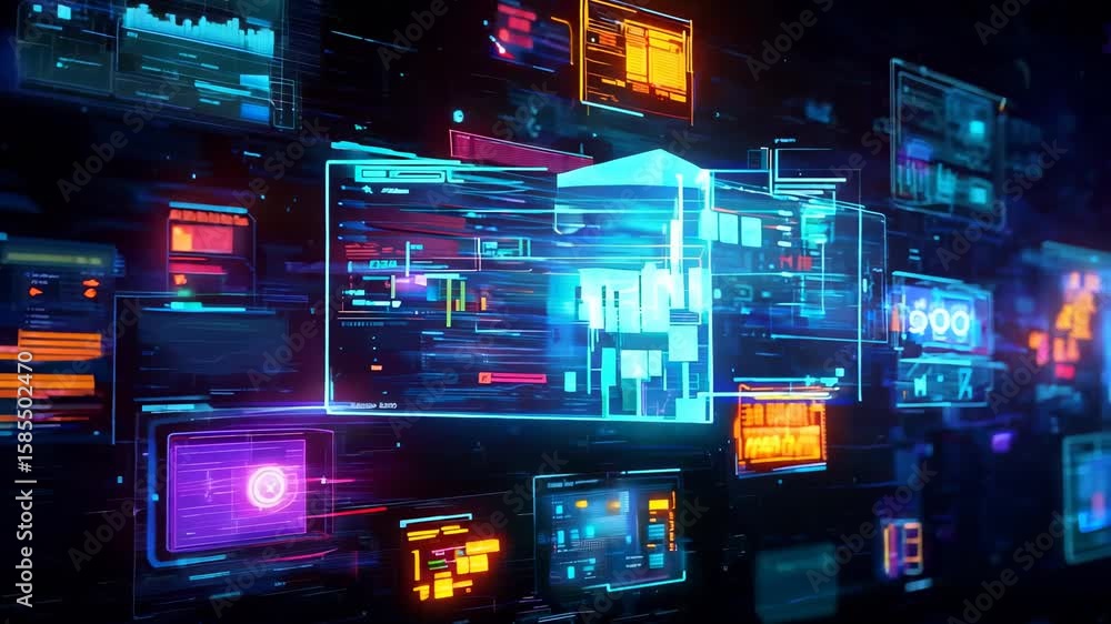 Poster multiple holographic screens with complex data interfaces, glowing in blue, purple, and orange color