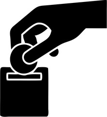 A black silhouette of a hand dropping a coin into a box with a slot on a white background