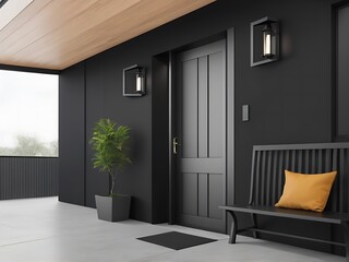 Red, white, green,Black, front door of  house, bench, side view