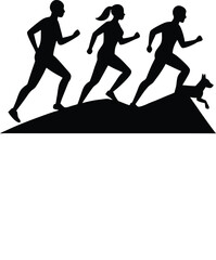 Active People Running with Dog: Outdoor Fitness 