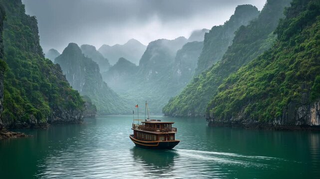 Wooden boat sailing through misty waters surrounded by lush green mountain islands