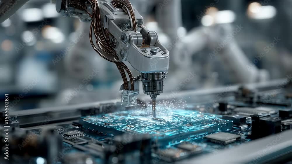 Poster robotic arm assembling microchip on motherboard in automated production line, showcasing advanced ma