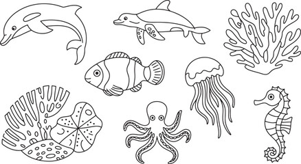 Oceanic Wonders Awaits Line Art Collection of Marine Life with Dolphins, Fish, Octopus, Seahorse, and Coral on Transparent Backdrop