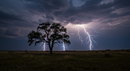 Dramatic lightning strikes illuminate a solitary tree in a vast grassy field at dusk
