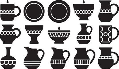 Ceramic and Pottery Vessel Silhouettes Featuring Mugs, Plates, Bowls, and Pitchers with Decorative Circle and Wave Patterns
