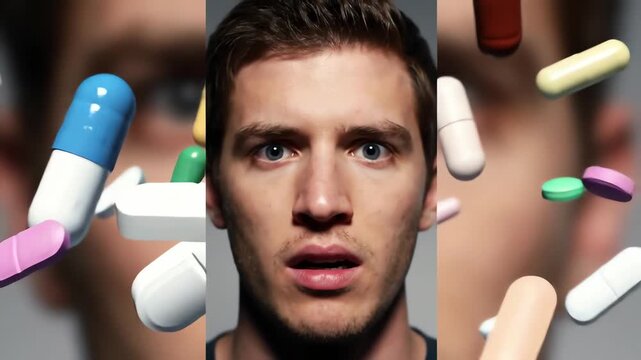 Overwhelmed man's face surrounded by a storm of falling pills and prescription drugs in slow motion