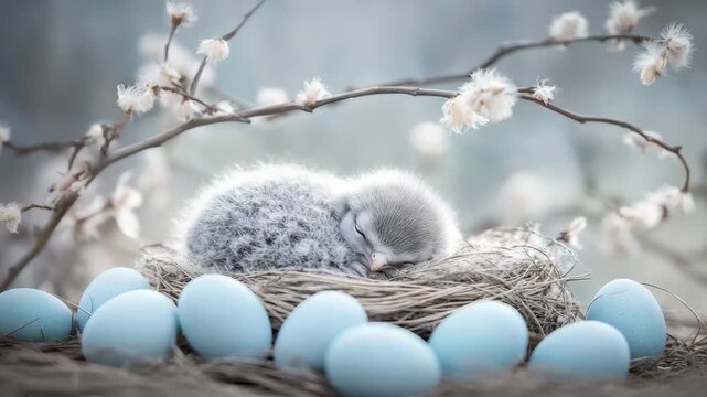 Sleeping owlet nestled in a straw nest surrounded by blue eggs with blurred floral branch in the background