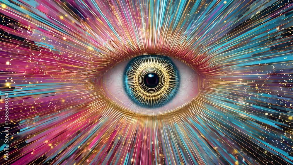 Poster an eye is depicted with dynamic light bursts and colorful patterns, showcasing abstract artistic exp