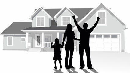Silhouette of family celebrating in front of a house with a garage and multiple windows and a porch