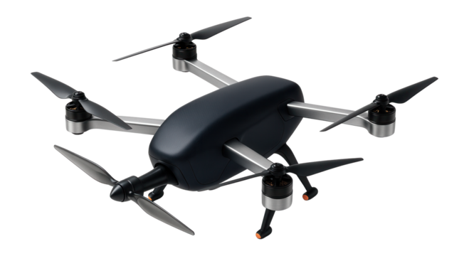 Hybrid drone with vertical lift rotors and forward-facing pusher propeller