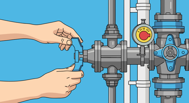 Seasonal cleaning of pools illustrated with a close up of hands turning valve on pool system pipes. Seasonal cleaning of pools requires regular maintenance,