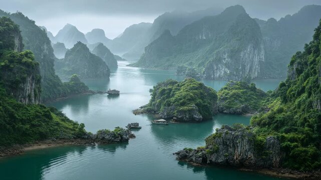 Serene landscape of lush green islands and tranquil waters in ha long bay vietnam
