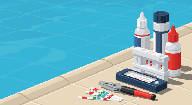 Pool cleaning supplies are set by clear water for seasonal pool cleaning. These pool cleaning tools include test kit and solution bottles, illustrating seasonal pool cleaning prep.