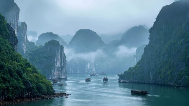 Scenic boat journey through misty mountains and emerald waters of halong bay